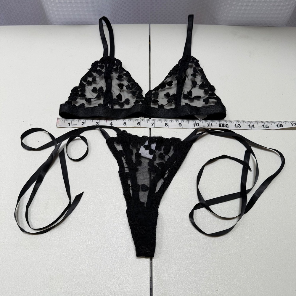 Black Heart Embroidered Mesh Lingerie Set Sheer Bralette & Matching Tie-Side